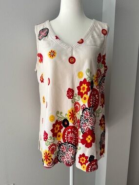 Vintage Tianello white red yellow floral tank top rayon blend size medium